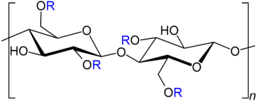 Strukturformel Carboxymethylcellulose (R = CH2COOH)