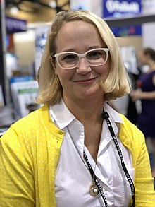 Jennifer Holm's first book, Our Only May Amelia, was sparked by her Great Aunt's diaries and won a Newbery Honor. Jennifer-holm-ala-aasl-2017.jpg