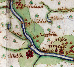 Utsnitt ur Johan Persson Geddas karta över Umeå socken från 1661, där Klabböle ses söder om älven. De röda prickarna anger antalet skattande hemman. Det något otydliga karttecknet i älven strax ovanför Klabböle betyder laxfiske.