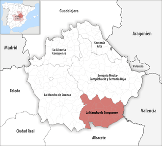 Die Lage der Comarca La Manchuela Conquense in der Provinz Cuenca