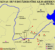 Karta över Kinas huvudstäder under dynastierna Xia, Shang och Zhou