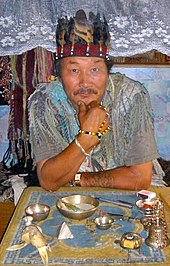 A shaman doctor of Kyzyl, 2005. Attempts are being made to preserve and revitalize Tuvan shamanism: former authentic shamans have begun to practice again, and young apprentices are being educated in an organized way. Kyzyl Shaman.jpg