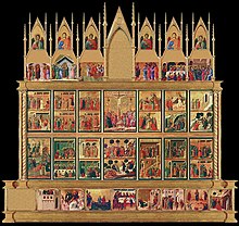 The rear of Duccio's Maesta. The middle section has the Passion sequence, beginning with the entry to Jerusalem (bottom left) and ending with Noli me tangere, top right, 2nd row; sequence. Below are the Works, above the post-Resurrection scenes. The birth and childhood scenes are on the front, as part of a Life of the Virgin. Maest 001 duccio siena duomo.jpg