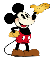 Représentation de Mickey Mouse en couleurs, la main gauche levée.