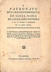 Portada con tipografía clásica sobre el patronato de la parroquia de Valtierra (1804)