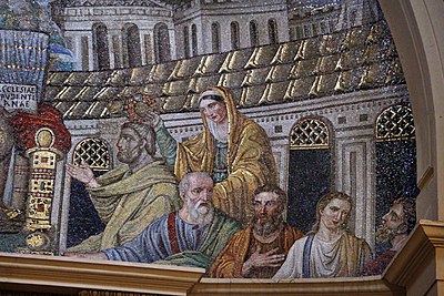 Detail of a Paleochristian mosaic from the basilica of Santa Pudenziana in Rome, c. 410 AD, depicting Saint Pudentiana Mosaico di cristo in trono tra gli apostoli e le ss. prudenziana e prassede, 410 dc ca. 06.jpg
