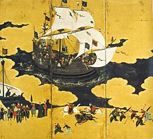 Portuguese carrack in Nagasaki, Nanban art attributed to Kano Naizen, 1570-1616 Japan Namban-11.jpg