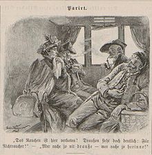 An 1898 cartoon of a train in Bavaria. Woman: Smoking isn't allowed in this compartment, it clearly says "For non-smokers" outside! Smoker: But we aren't smoking outside, we're smoking inside! Pariert (1898).JPG