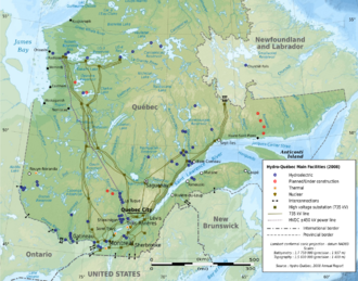 Карта Квебека с указанием расположения электростанций и линий электропередачи 450 кВ и 735 кВ.