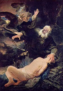 Az angyal megakadályozza Izsák feláldozását. Ábrahám és Izsák, Rembrandt