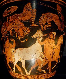 Ulysse et Diomède dérobant les chevaux de Rhésos, vase grec à figures rouges par le Peintre de Lycurgue, vers 360 av. J.-C.