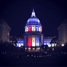 On Election Day on the first Tuesday in November, citizens all around the United States vote for political offices. (Shown is San Francisco City Hall commemorating the occasion.) SF City Hall Election Day 2018.jpg