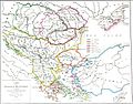 Η Σερβική Αυτοκρατορία το 1358, σύμφωνα με τον Λουί Ετιέν Ντυσιέ στον Atlas General De Geographie Physique του 1857. Η παλαιότερη ιστοριογραφία τείνει να περιλαμβάνει τη Βουλγαρία και τη Βοσνία στην αυτοκρατορία του Δουσάν.