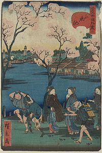 Woodcut print shows a comical scene with a group of people walking along the bank of the Shinobazu Pond, with cherry blossoms and dwellings in the background. 1859