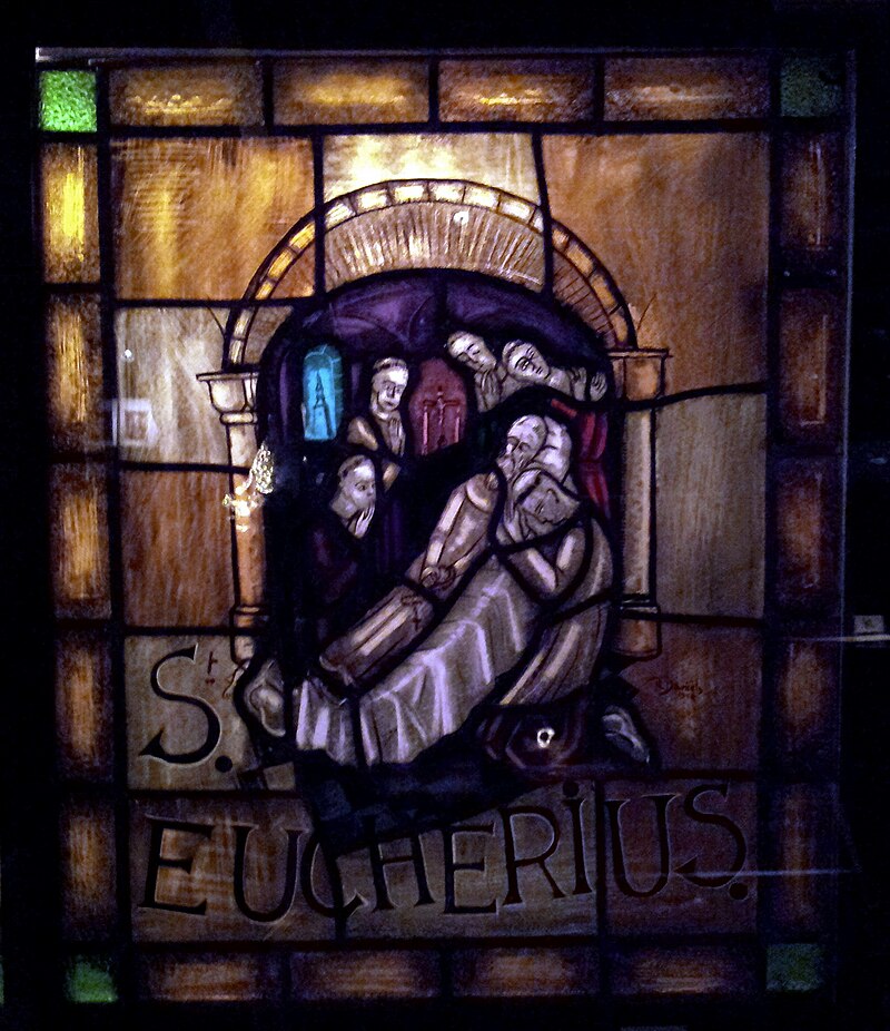 Den hellige Eucherius&#8217; d&#248;d, glassmaleri i skattkammeret i kirken V&#229;r Frue i Sint-Truiden
