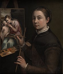 Tableau représentant une jeune femme devant un chevalet, pinceaux à la main. Sur le chevalet, une vierge à l'enfant