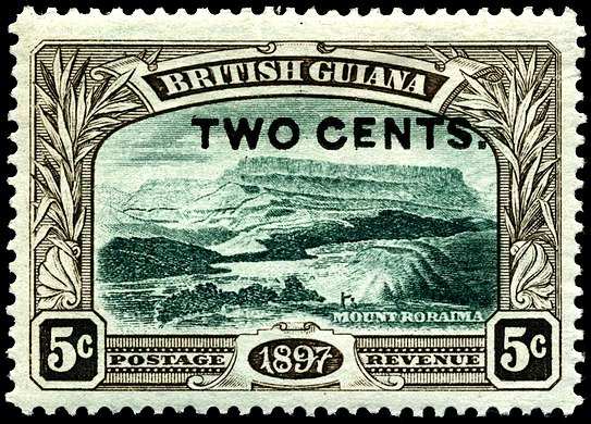 Марка «Гора Рорайма» (1898) с надпечаткой нового номинала «2 цента», изданная в 1899 году (Mi #GY 103; Yt #GY 93; SG #GY 222)