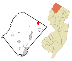 Map of Vernon Valley CDP in Sussex County. Inset: Location of Sussex County highlighted within New Jersey.