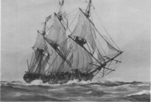 Черно-белая фотография трехмачтового корабля с ветреными парусами.