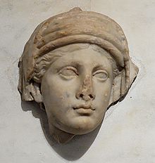 Vestal from the time of Hadrian, fragment of a marble relief from the Palatine, Rome Vestal Palatino Inv12491.jpg
