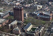 The school's main buildings, bottom center, on Science Hill Yale From the Sky Science Hill.jpg