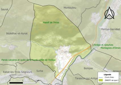 Carte des ZNIEFF de type 2 sur la commune.