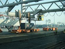 Container terminals showing a container being loaded onto an unmanned automated guided vehicle 9-028 Rotterdam ECT.jpg