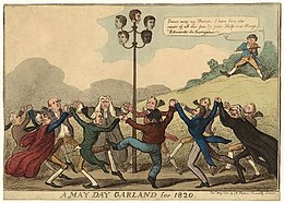 Print from May 1820 showing establishment figures dancing around a maypole (a reference to the date of the conspirators' execution, May Day 1820). On top of the maypole are the heads of:
John Thomas Brunt (1782-1820);
William Davidson (1781-1820);
James Ings (1794-1820);
Arthur Thistlewood (1774-1820);
and, Richard Tidd (1773-1820). A May Day Garland for 1820.jpg