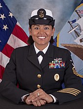 U.S. Navy Master Chief petty officer Veronica Holliday wearing the "Bucket" Cover (8 September 2015) CMDCM (SW) Veronica Holliday, USN.jpg