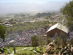 A view of the calvary of the Virgin of Urqupiña with pilgrims during the festival on August 16