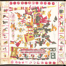 Mictlantecuhtli (left), god of death, and Quetzalcoatl, god of life; together they symbolize life and death. Codex Borgia page 56.jpg