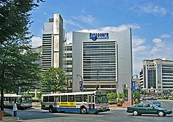 Former headquarters of Discovery, Inc. in Silver Spring, Maryland Discovery and buses in Silver Spring.jpg