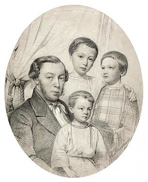 Портрет Д. В. Поленова с сыновьями Василием, Константином и Алексеем, 1853 г.