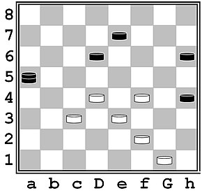 При очереди хода черных взятие дамкой должно быть таким: a5:e1:g3:e5 (шашку белых d4 дамка побить не может, т.к. шашка c3, так же, как и шашки f2 и f4, снимаются с доски лишь по окончании хода), после чего белые играют d4:d8