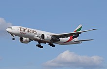 Boeing 777 freighter of Emirates arrives at London Heathrow Airport (2015). Emirates Boeing 777F (A6-EFM) arrives London Heathrow 11Apr2015 arp.jpg