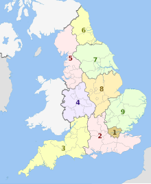 European Parliament constituencies in England in 2009 English regions 2009 (numbered).svg