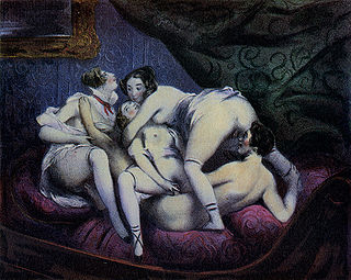 Una delle illustrazioni dell'opera â€œGamiani, una notte di eccessiâ€ (autore ignoto).L'illustrazione raffigura tre donne ed un uomo