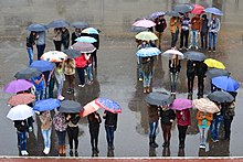 Romanian activists create a "25" using umbrellas, a reference to Article 25 of the United Nations' Universal Declaration of Human Rights. Global Day of Action for the Right to Health in Romania (15005393014).jpg