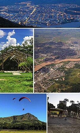 Do topo, da esquerda para direita: vista noturna da cidade; Parque Municipal de Governador Valadares; vista da cidade às margens do rio Doce; salto de parapente a partir do Pico da Ibituruna; Praça dos Pioneiros.