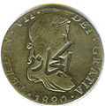 Anverso de moneda de 8 reales (plata) de Fernando VII de 1820 con resello de Hejaz.