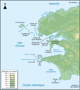 Carte de la mer d'Iroise avec la côte des Abers au nord.