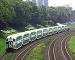 A GO Transit commuter train on the Lakeshore West line westbound to Burlington in 2008