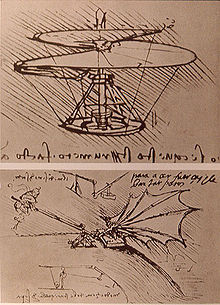 Leonardo da Vinci's ornithopter design Leonardo da Vinci helicopter and lifting wing.jpg