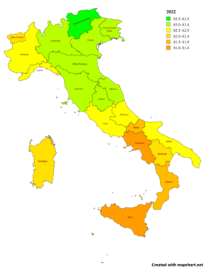 Life expectancy map of Italy 2022 -regions, names.png