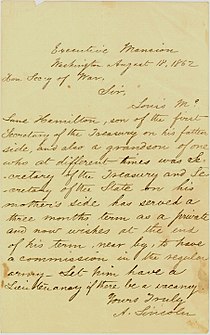 1862 letter from Abraham Lincoln on behalf of Hamilton