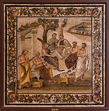 Plato's Academy mosaic, made between 100 BCE to 79 AD, shows many Greek philosophers and scholars MANNapoli 124545 plato's academy mosaic.jpg