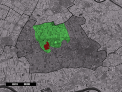 The town centre (red) and the statistical district (light green) of Beesd in the former municipality of خلدرمالسن.