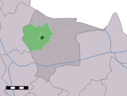 The village centre (dark green) and the statistical district (light green) of Geesteren in the municipality of Tubbergen.