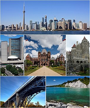 From top left: डाउनटाउन, सिटी हल, the Ontario Legislative Building, Casa Loma, Prince Edward Viaduct, and the Scarborough Bluffs