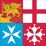 Bannière des républiques maritimes italiennes : lion de saint Marc pour Venise, croix de saint Georges pour Gênes, croix de Malte pour Amalfi, croix tréflée pour Pise.